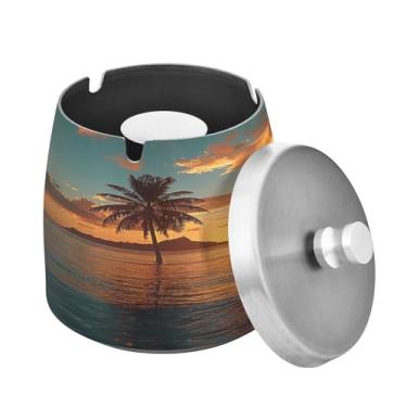 Imagem de Blueangle Lindo cinzeiro de palmeiras com tampa para cigarros, à prova de vento/chuva, aço inoxidável, sem fumaça, inodoro, cinzeiro para uso interno ou externo (251)