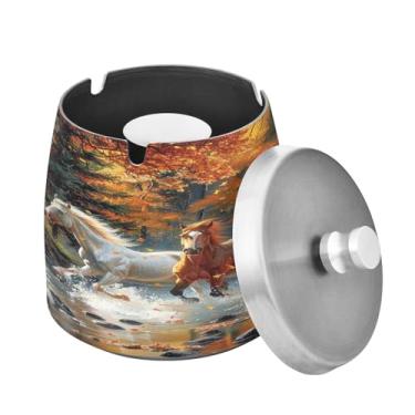 Imagem de Blueangle Cinzeiro Wild Horses com tampa para cigarros, à prova de vento/chuva, aço inoxidável, sem fumaça, inodoro, cinzeiro para uso interno ou externo (435)