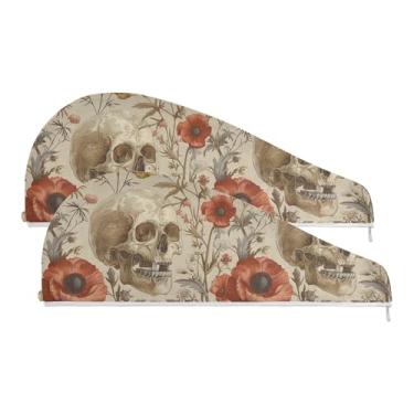 Imagem de SEHANY Toalha de cabelo de microfibra rosa e caveira para mulheres, 2 peças, turbantes de cabelo de secagem rápida com botão, touca de cabelo seco absorvente toalha de secagem de cabelo para cabelos