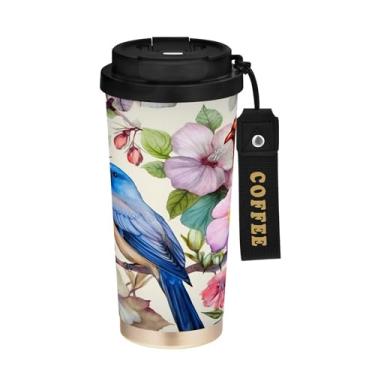Imagem de SEHANY Caneca de café de viagem Blue Birds 482 g com tampa revestida de cerâmica e à prova de vazamento, parede dupla, isolada a vácuo, copo de aço inoxidável para bebidas quentes e frias