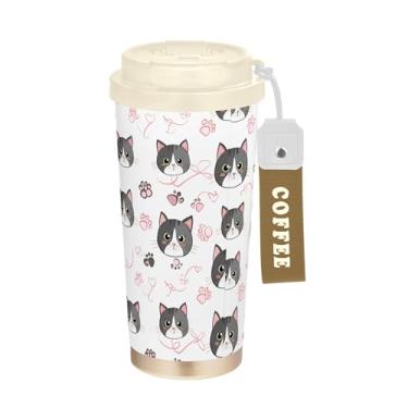 Imagem de SEHANY Caneca de viagem de gato gatinho fofo de 482 g xícaras de café reutilizáveis revestidas de cerâmica com tampa à prova de vazamento, parede dupla, isolamento a vácuo, copo de café de aço