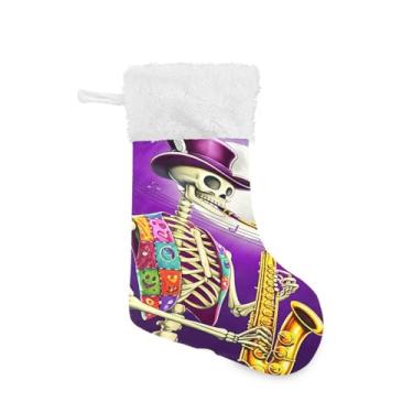 Imagem de GakkiGii Meia grande de Natal com caveira musical, decoração de Natal para pendurar na parede da árvore da lareira, 45 x 31 cm