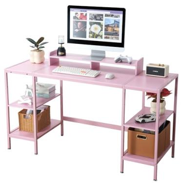 Imagem de MINOSYS Mesa de computador – mesa de jogos de 109 cm, mesa de escritório em casa com armazenamento, mesa pequena com suporte de monitor, escrivaninha para 2 monitores, espaço de armazenamento ajustável, mesa de canto de design moderno, rústico.