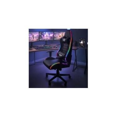 Imagem de Cadeira Gamer Giratória com Luzes RGB, Couro Sintético, Preto e Branco, Reclinação 180°, Base Nylon 350mm, Elevação a Gás Classe 3, Controle Remoto, 127-135cm