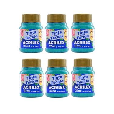 Imagem de Kit com 6 Tintas para Tecido Glitter Acrilex 37ml Verde Esmeralda 213 | Brilho Intenso, Alta Fixação, Secagem Rápida e Resistência Superior às Lavagens