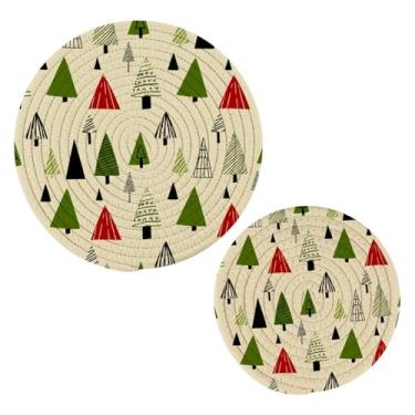 Imagem de Wassud Conjunto de trivet desenhado à mão de árvores de Natal para pratos quentes, suportes de panela redondos, almofadas quentes de algodão, porta-copos elegantes, decoração de cozinha e acessórios