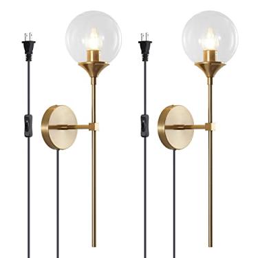 Imagem de Conjunto de 2 arandelas de parede modernas com fio e interruptor liga/desliga, com globo de vidro transparente e braço longo, estilo industrial meados do século XX, na cor dourada, ideais pa