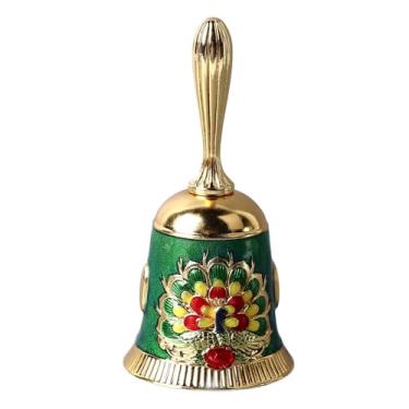 Imagem de Sino de mão vintage de latão antigo requintado padrão esculpido sino de chamada de mão para jantar festa de casamento família escola material de liga som claro alça arredondada (Ouro com Verde