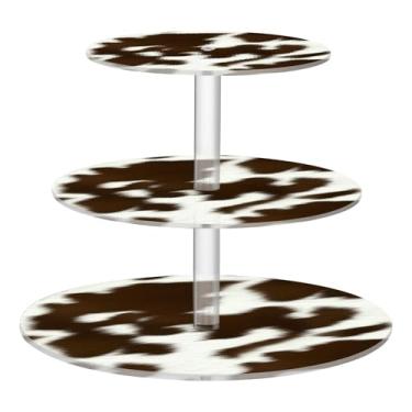 Imagem de CEBUGI Suporte de 3 camadas para cupcake, marrom, branco, pele de vaca, suporte redondo para bolo, bandeja de servir em camadas de acrílico para chá, chá de bebê, casamento e mais