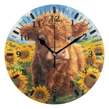 Imagem de CEBUGI 1 relógio de parede Highland Cow Girassol, 1 relógio de parede operado por bateria, silencioso, sem tique-taque, para cozinha, banheiro, quarto, escritório, decoração 25,4 cm
