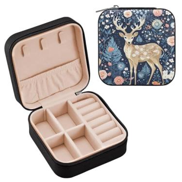 Imagem de Wassud Estojo de joias de viagem floral de veados para mulheres, meninas, senhoras, noiva, mini organizador de joias de couro PU, caixa quadrada de armazenamento de joias para brincos, anéis, colar e