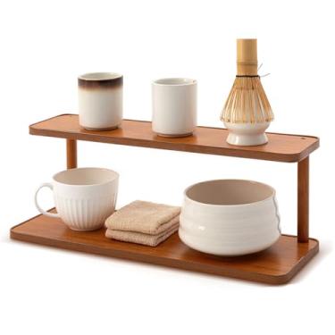 Imagem de Yalikop Prateleira para estação Matcha de 2 camadas, organizador de 38 cm, suporte de caneca de bambu, bancada, mesa, suporte de vaso de flores, prateleira para chá, café, bar, acessórios para cozinha