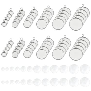 Imagem de UNICRAFTALE Cerca de 60 peças de bandejas de bisel de aço inoxidável planas redondas com pingente de cabochão de vidro kit com anéis de salto para fazer joias DIY 6/8/10/14/16/18 mm