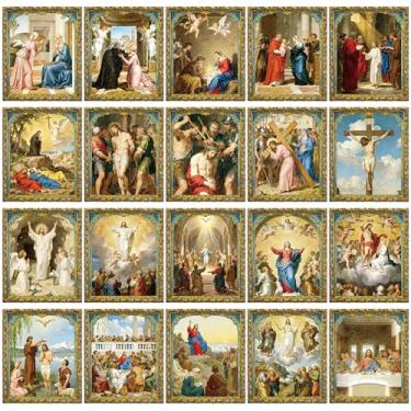 Imagem de Resurhang Pôster de 20 peças de mistérios do rosário, decoração de sala de aula cristã, decoração de boletim de fé para escola dominical, pôster de arte católica religiosa para igreja, família, escola