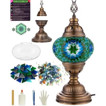 Imagem de DEMMEX Kit de artesanato de mosaico faça você mesmo, sem argamassa, corpo de metal de latão antigo, conjunto completo com ferramentas, faça sua própria lâmpada de mosaico (clássica, turquesa e verde)