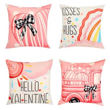 Imagem de Pacote com 4 capas de almofada de dia dos namorados, decoração de linho de poliéster macio para poltrona, fronha de 45 x 45 cm para decoração de casa de férias e festivais, material lavável na máquina