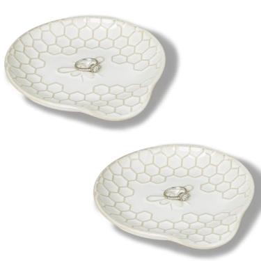 Imagem de GDCZ Bandeja de joias de cerâmica, prato decorativo de 13,5 cm, bandeja de joias personalizada com padrão, presentes para amigos, irmãs e mulheres, conjunto de 2 (branco)