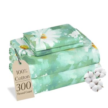 Imagem de MCO Jogo de lençol 100% algodão estampado floral, conjunto de lençóis Queen de algodão 300 fios, bolso profundo de 40,6 cm, lençóis refrescantes respiráveis, 4 peças (Queen, margarida verde escuro)