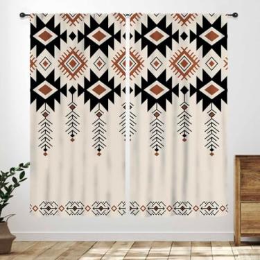 Imagem de Cortinas tribais astecas do sudoeste, nativo americano, étnico, ocidental, boho, triangular, geométrico, vintage, bege, tratamentos de janela para quarto, sala de estar, cozinha, 2 painéis, 139 x 163