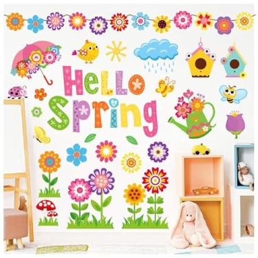 Imagem de Whaline 9 folhas de adesivos de parede Hello Spring, decalques de parede de vinil, adesivos florais para sala de aula, decoração de festa
