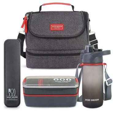 Imagem de Kit Bolsa Térmica Pote Marmita 750ml Garrafa 550ml E Porta Talheres Vibe Preto