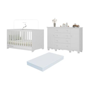 Imagem de Berço Americano 3 Em 1 Com Colchão Incluso E Cômoda 2 Portas 4 Gavetas Dengo Multimóveis MP4706 Branco