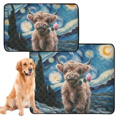 Imagem de Almofada de xixi reutilizável para animais de estimação Starry Night Highland Cow, lavável e impermeável, para gaiolas de cachorro, absorventes de parto, médio + grande, conjunto de 2