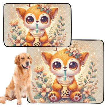 Imagem de TSENQUE Cute Fox Boba Tea Floral Pee Pads Lavável Pet Pad Reutilizável Absorventes Almofadas de Treinamento de Cães Impermeável Tapete de Gaiola de Cachorro Bonito, Pequeno x Pacote com 3