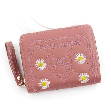 Imagem de Carteira feminina de couro genuíno com dobra dupla/tripla - Suporte minimalista para cartão de crédito com bloqueio de RFID e bolso para moedas, rosa, Casual