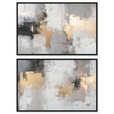 Imagem de Conjunto de 2 arte de parede para sala de estar com impressão abstrata harmonia de luxo neutro por Art Remedy, moldura preta, 76 x 50 cm