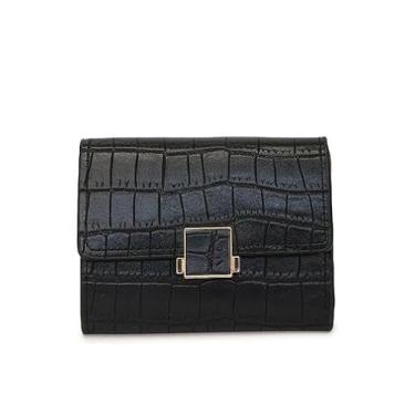 Imagem de Carteira feminina de couro genuíno com dobra dupla/tripla - Suporte minimalista para cartão de crédito com bloqueio de RFID e bolso para moedas, Preto, Casual