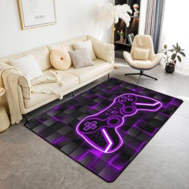Imagem de Feelyou Tapete de área de jogador infantil 8 x 12 cm roxo e preto para sala de estar quarto para meninos adolescentes decoração de quarto conjunto de tapetes decorativos ombré geométrico quadrado