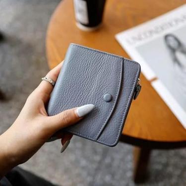 Imagem de Carteira feminina de couro genuíno com dobra dupla/tripla - Suporte minimalista para cartão de crédito com bloqueio de RFID e bolso para moedas, Azul, Casual