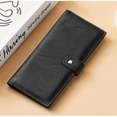 Imagem de Carteira feminina de couro genuíno com dobra dupla/tripla - Suporte minimalista para cartão de crédito com bloqueio de RFID e bolso para moedas, Preto, Casual