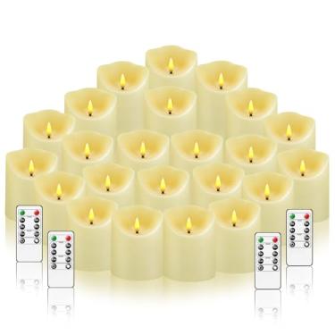 Imagem de kakoya Velas de LED sem chamas operadas por bateria com controle remoto e temporizador, velas de pilar de plástico falso elétrico cintilante, conjunto de 24 (D3 x A 7,6 cm, 10 cm 12,7 cm) marfim