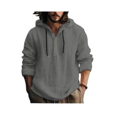Imagem de Camisa Casual De Manga Longa Com Capuz Em Algodão E Linho Para Homens,