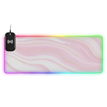 Imagem de CEBUGI Mouse pad de carregamento sem fio com textura de mármore ouro rosa de 15 W com iluminação LED RGB 14 para jogos, PC, laptop, mesa de 80 x 30 cm