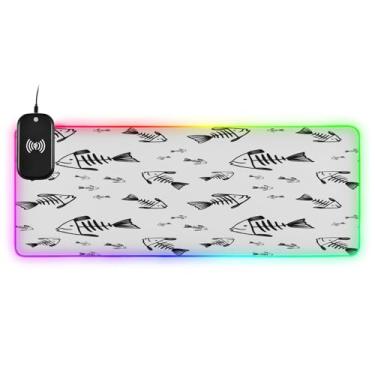 Imagem de CEBUGI Mouse pad de carregamento sem fio Fish Skeletons 15W Fast Gaming Mouse Pad com 14 iluminação LED RGB para jogos, PC, laptop, mesa 80 x 30 cm