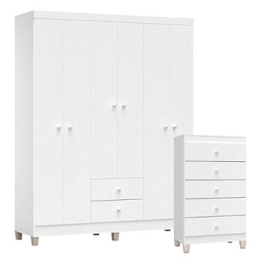 Imagem de Cômoda Gaveteiro e Guarda Roupa 6 Portas Ternura Baby Branco Brilho - Incorplac