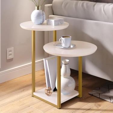 Imagem de Mesa Apoio Lateral Sala com 2 Tampos PéS de Ferro Industrial Mesa de Canto，Mesinha de Canto para Sala，Mesa de Canto para Sala(OFF WHITE/DOURADO)