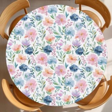 Imagem de KiuLoam Toalha de mesa redonda primavera aquarela azul marinho rosa roxo folha floral capa de mesa casa de fazenda com borda elástica lavável toalha de mesa para decoração de cozinha patry ao ar livre