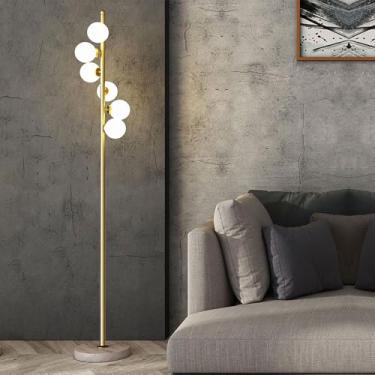 Imagem de Luminária de chão com cúpula de vidro branco, 6 bolas, luminária de chão criativa, luminária vertical clássica dourada, luminárias altas de metal polido, luminárias de chão decorativas para