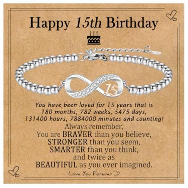 Imagem de EPIRORA Presentes de aniversário para meninas, ideias de presente de aniversário de 10/11/12/13/14/15/16/18/21 anos, pulseiras com pingente de contas de aço inoxidável com nó infinito para filha, irmã