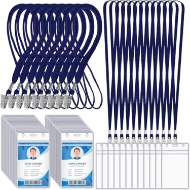 Imagem de Marspark Cordões de crachá com suporte de identificação para crachás de identificação etiqueta de nome de pescoço plano resselável com clipe de plástico à prova d'água crachás transparentes a granel