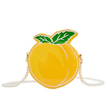 Imagem de Linda bolsa transversal em forma de pêssego com alça de corrente de pérola, bolsa de moedas com design de frutas para meninas, Amarelo, Bolsa tiracolo inovadora
