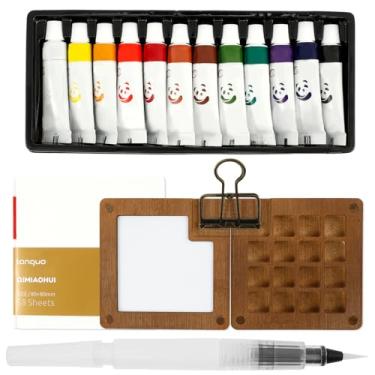 Imagem de KHZSPP Conjunto de paleta de pintura em aquarela em miniatura, paleta de tinta portátil de 12 cores, kit de viagem com paleta magnética de madeira, caneta pincel de água, caderno de desenho para