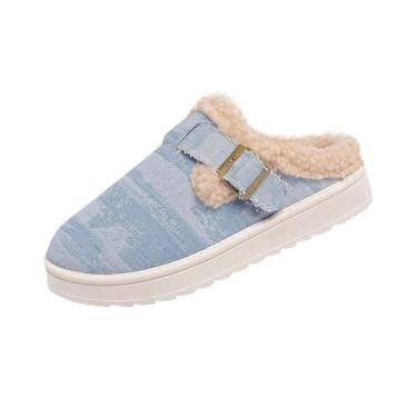 Imagem de Pantufas femininas estilo inverno cor sólida plus veludo quente bico redondo fundo grosso, adequado para várias ocasiões, Azul royal claro, 39