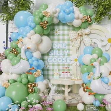 Imagem de Kit de arco de balão Silly Goose 158 peças de balões verdes e azuis com balões de ganso engraçados de 58 cm para decoração de festa de aniversário e primavera de um ganso bobo (azul branco)