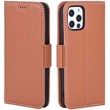 Imagem de CYSUE para Apple iPhone 13 Pro (2021) 6,1 polegadas Carteira Folio Stand Case [Porta-cartão], Capa de telefone de couro de bezerro com fivela magnética [pulseira] (Cor: marrom)