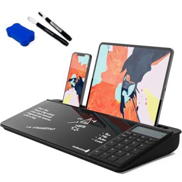 Imagem de DeskBoard Buddy Quadro branco de mesa com calculadora + 2 marcadores - Bloco de notas preto apagável a seco para mesa de computador - tamanho pequeno, portátil, bloco de notas de mesa de vidro com